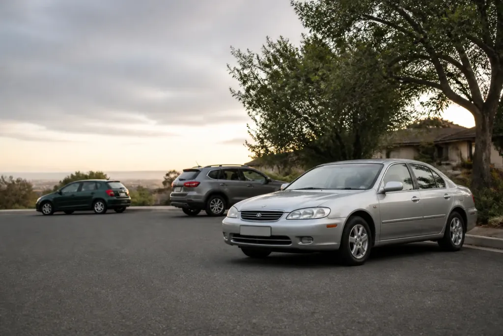 Three used cars parked on a quiet street